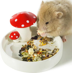 Niteangel Ceramic Hamster Habitat Hideout (Mushroom-Shaped Feeding & Water Bowls)