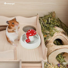 Niteangel Ceramic Hamster Habitat Hideout (Mushroom-Shaped Feeding & Water Bowls)