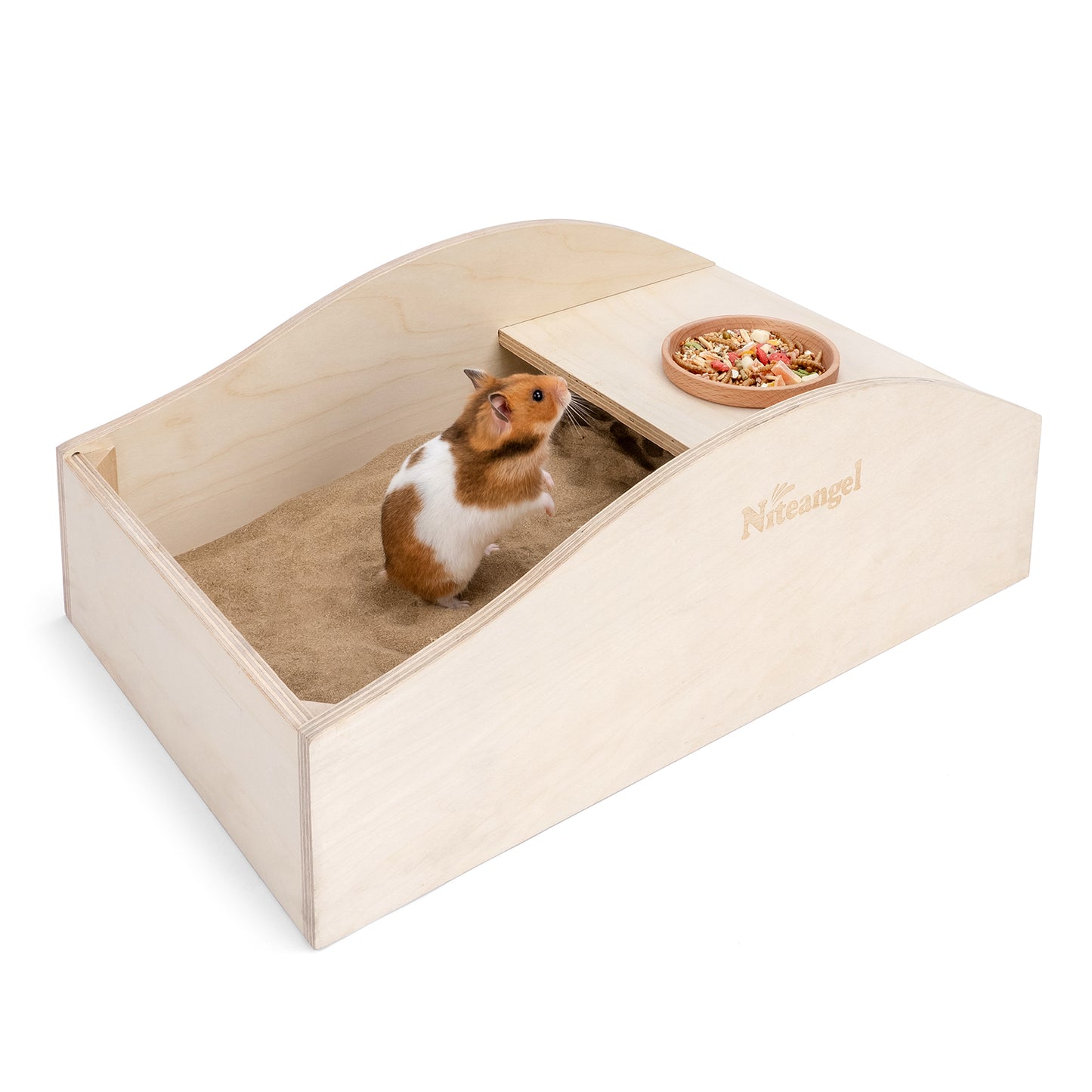 Niteangel Large Wooden Sand Bath with Hideout and Food Bowl for Hamsters