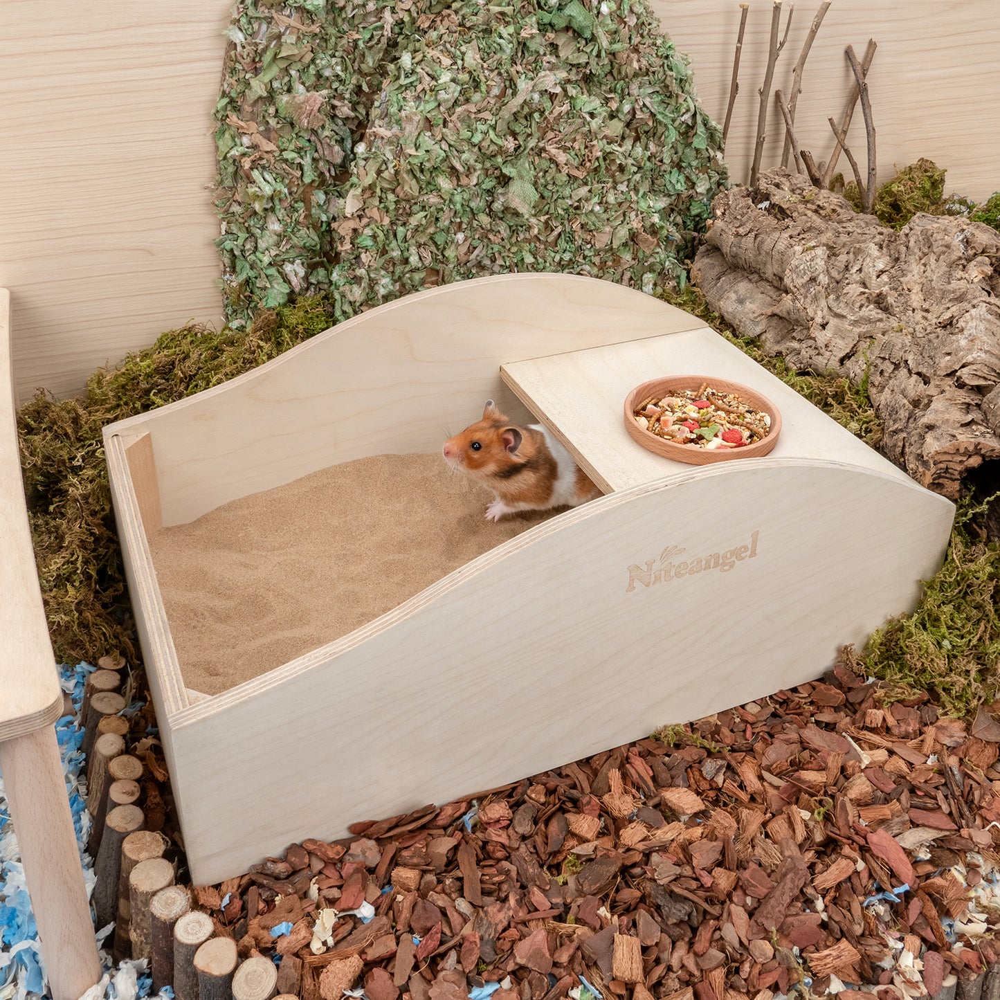 Niteangel Large Wooden Sand Bath with Hideout and Food Bowl for Hamsters